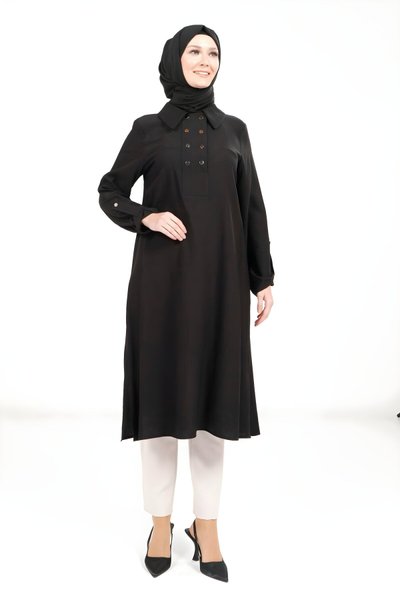 Siyah Kolu Apoletli Tesettür Tunik
