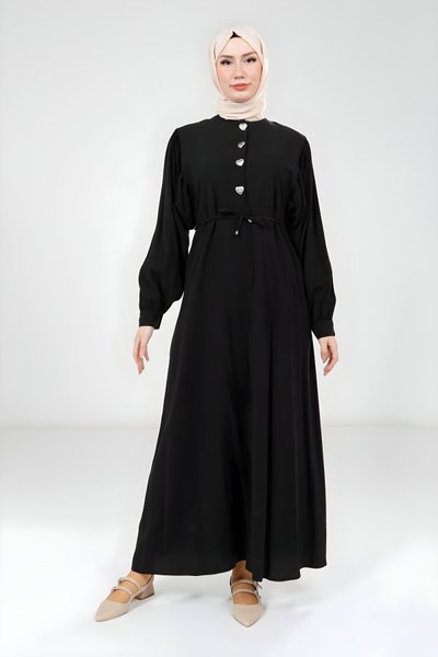 Siyah Modal Düğme Detaylı Tesettür Elbise