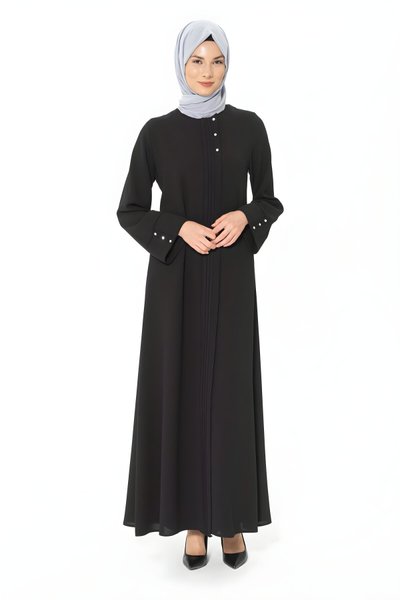 Siyah Nervür Taş Detaylı Kalın Manşetli Ferace