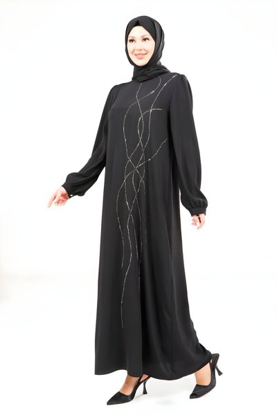 Siyah Omuz Pileli Abiye Tesettür Elbise