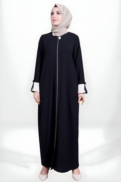 Siyah Önü Biyeli Taş Düğmeli Ferace