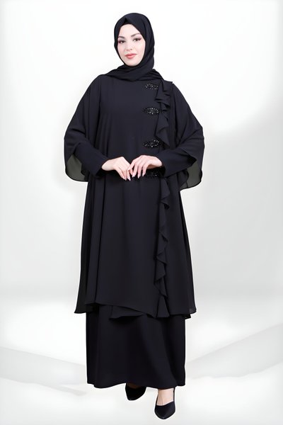 Siyah Önü Fırfırlı Taşlı Şifon Detaylı Tesettür Elbise