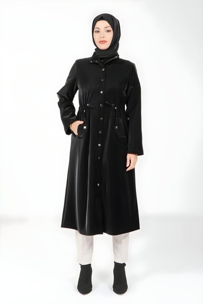 Siyah Parlak Kumaş Metal Düğmeli Giy Çık Kap