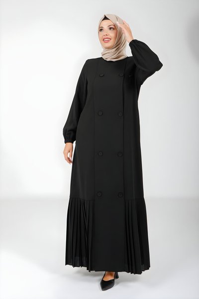 Siyah Pliseli Düğmeli Yandan Cepli Ferace