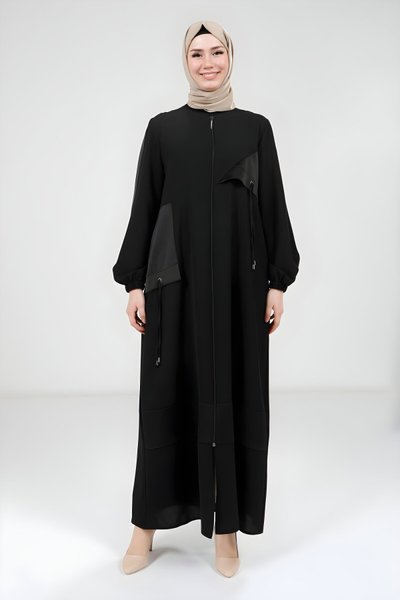 Siyah Saten Garnili Ferace