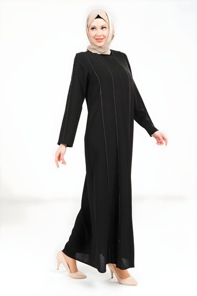 Siyah Şerit Taş Detaylı Ferace