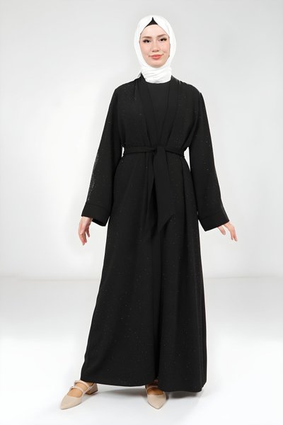 Siyah Serpme Taş Detaylı Abaya Takım