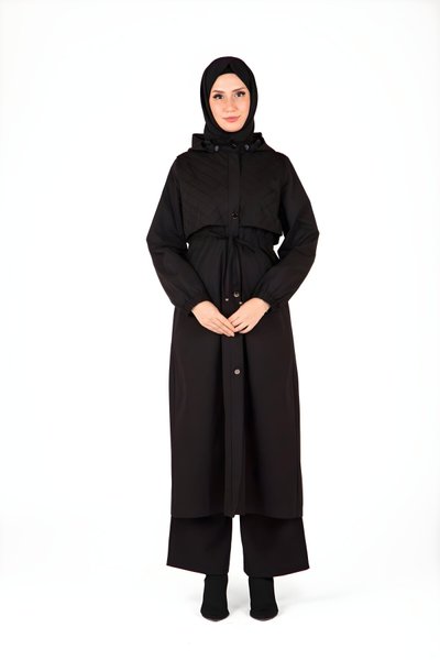 Siyah Seyyar Kapüşonlu Trençkot