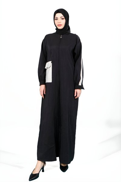 Siyah Spor Fermuarlı Garnili Ferace