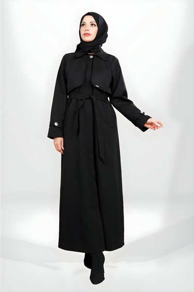 Siyah Tam Boy Rüzgarlık Detaylı Kuşaklı Trençkot