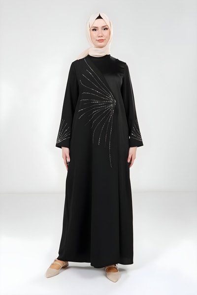 Siyah Taş Süslemeli Tesettür Abiye Elbise