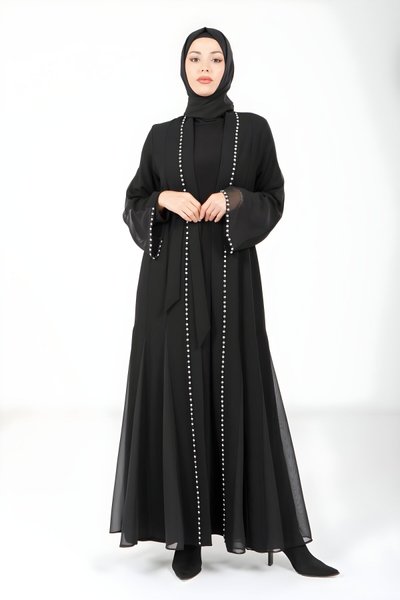 Siyah Taşlı Tül Detaylı Abaya Ferace