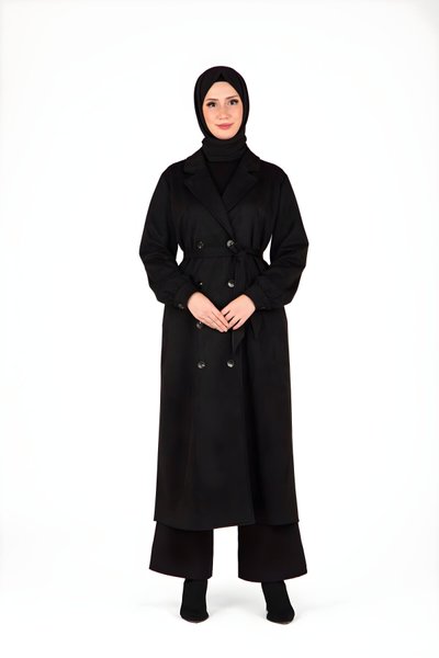 Siyah Trençkot Kuşaklı Düğme Detaylı Ferace