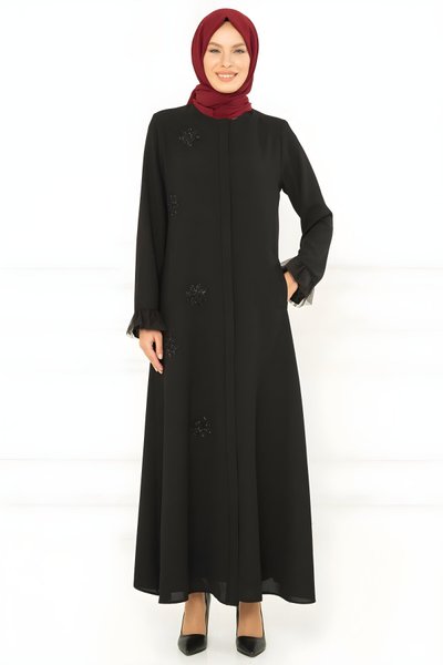 Siyah Tül Detaylı Taş İşlemeli Ferace