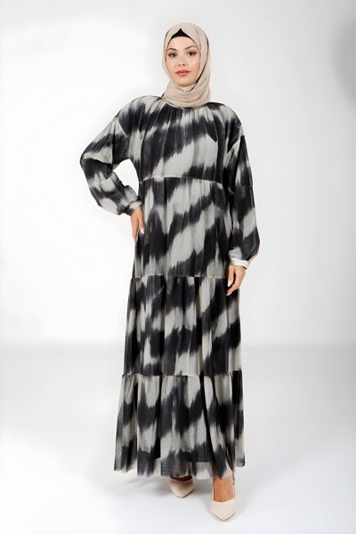 Siyah Tül Katlı Tesettür Elbise