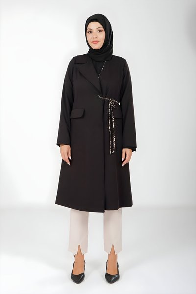 Siyah Uzun Bağlama Detaylı Tesettür Ceket