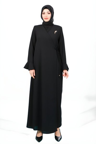 Siyah Volan Kol Yandan Bağlamalı Ferace