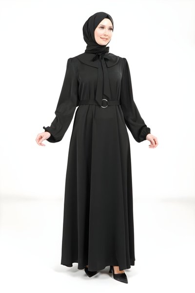 Siyah Yakası Kurdele Beli Kuşak Detaylı Tesettür Elbise