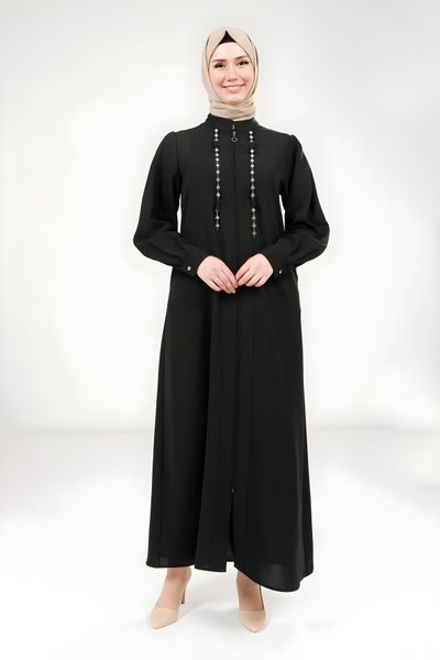 Siyah Zincir Taşlı Ferace