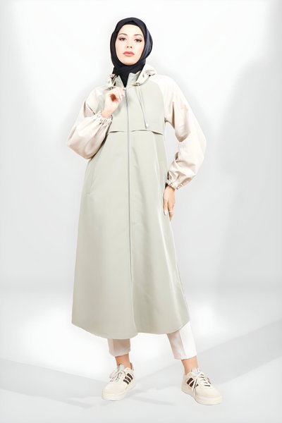 Su Yeşili Kapüşonlu Garnili Trençkot