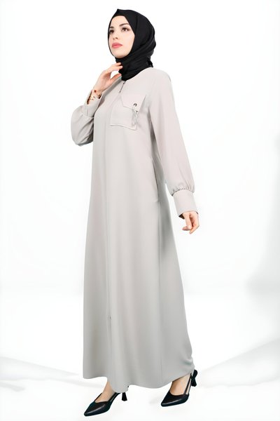 Taş Fermuarlı Önden Cep Detaylı Ferace