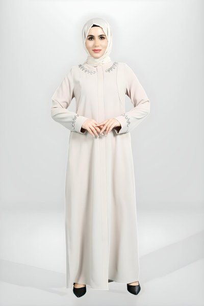 Taş İşlemeli Fermuarlı Yaka Detaylı Ferace