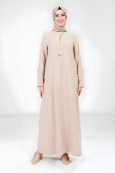 Taş Kolu Fermuar Detaylı Tesettür Elbise