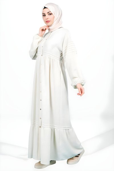 Taş Shefa Düğmeli Nervür Detaylı Etek Boyu Fırfırlı Tesettür Elbise