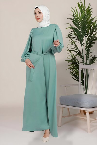 Turkuaz Hare Balon Kol Tesettür Elbise