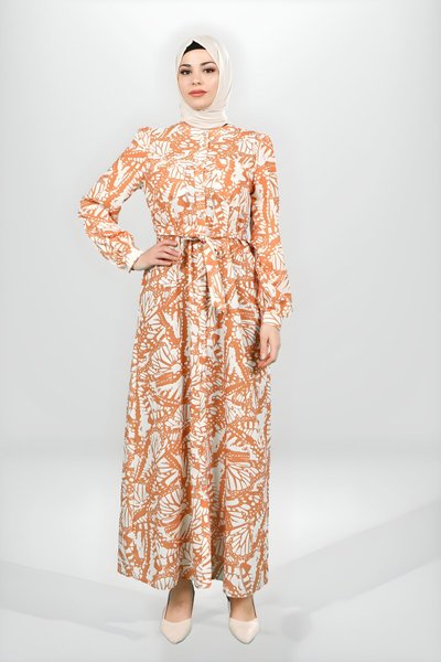 Turuncu Desenli Gömlek Kuşaklı Tesettür Elbise