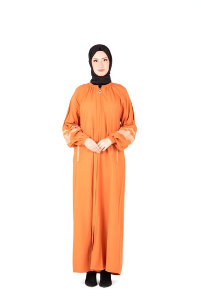 Turuncu İznik Kolları Lastikli Fermuar Detaylı Ferace