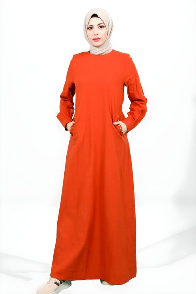 Turuncu Keten Bisiklet Yaka Boncuk Detaylı Tesettür Elbise
