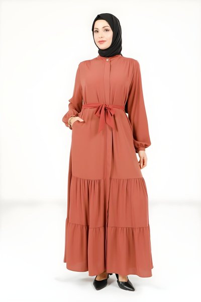 Turuncu Tarsus İki Katlı Büzgülü Seyyar Kemerli Ferace