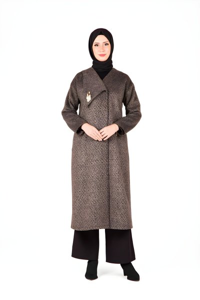 Vizon Desenli Degaje Yakalı Tesettür Kaban