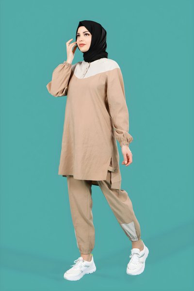 Vizon İkili Tunik Jogger Pantolon Düğmeli Tesettür Eşofman