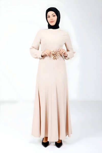 Vizon Uzun Gül Detaylı Tesettür Abiye Elbise