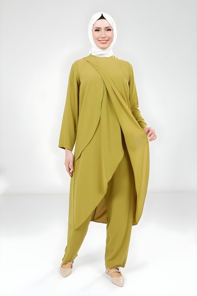 Yağ Yeşili Tunik Pantolon İkili Tesettür Takım