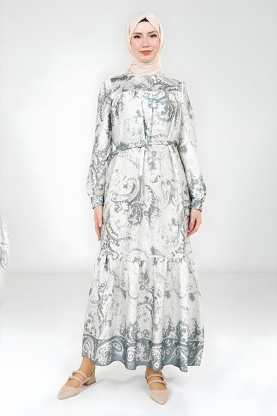 Yeşil Baskılı Kemerli Tesettür Elbise