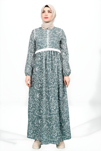 Yeşil Çiçek Desenli Beli Ayarlanabilir Üstü Kapama Detaylı Tesettür Elbise