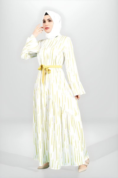 Yeşil Desenli Seyyar Kuşaklı Volan Kol Tesettür Elbise