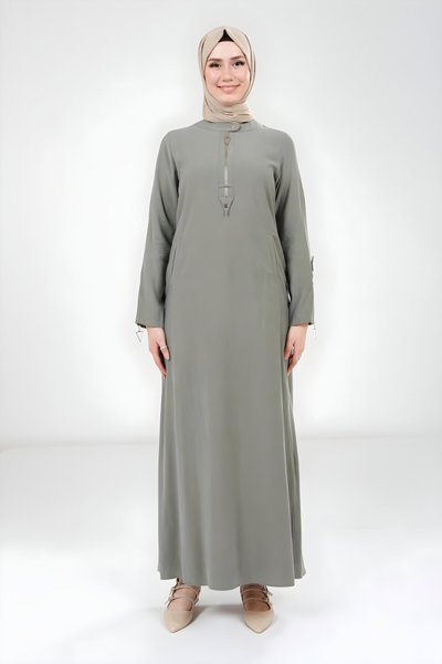 Yeşil Kolu Fermuar Detaylı Tesettür Elbise