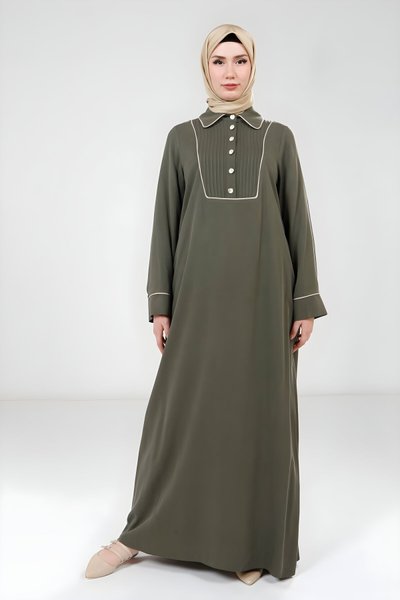 Yeşil Nervür Detaylı Tesettür Elbise