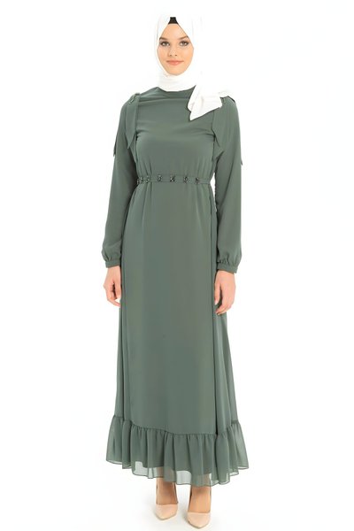 Yeşil Nova Şifon Omuz Ve Kemeri Taş Detaylı Tesettür Elbise