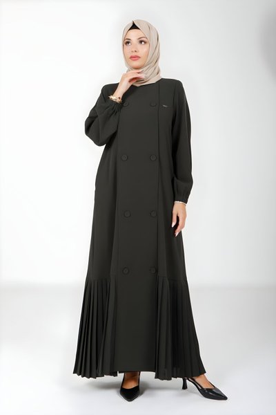 Yeşil Pliseli Düğmeli Yandan Cepli Ferace