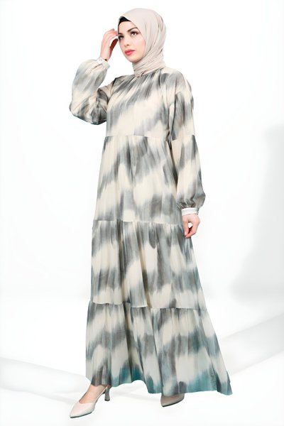 Yeşil Tül Katlı Tesettür Elbise