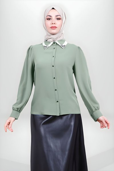 Yeşil Yakası Boncuklu Tesettür Gömlek