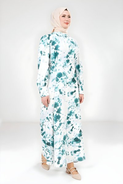 Zümrüt Yeşili Baskılı Seyyar Kemerli Tesettür Elbise