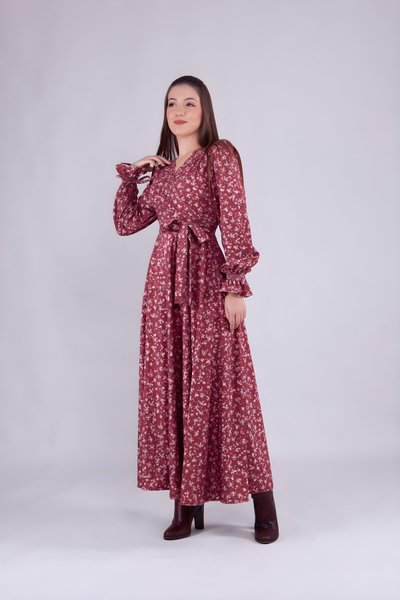 Açık Bordo Çiçek Desenli Kadife Kruvaze Yaka Uzun Kol Tesettür Elbise