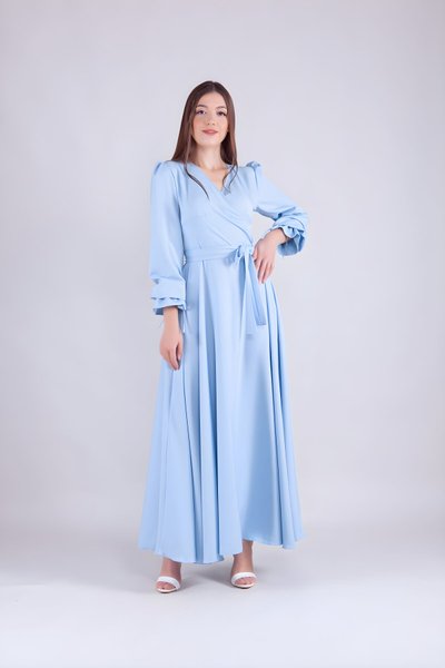 Bebe Mavi Uzun Kruvaze Yaka Tesettür Elbise