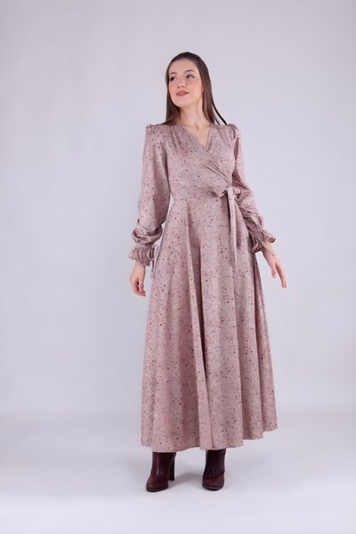 Bej Çiçek Desenli Kadife Kruvaze Yaka Uzun Kol Tesettür Elbise